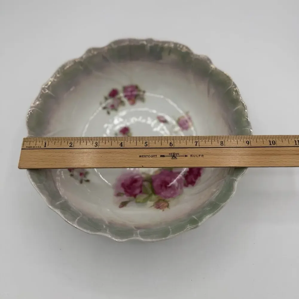 Vtg German‎ Lusterware Porcelain Serving Bowl Floral Cabbage Rose Grannycore 9